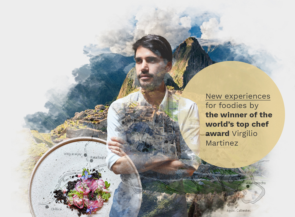 Collage showing Machu Picchu and Virgilio Martinez, one of the world's top chefs.